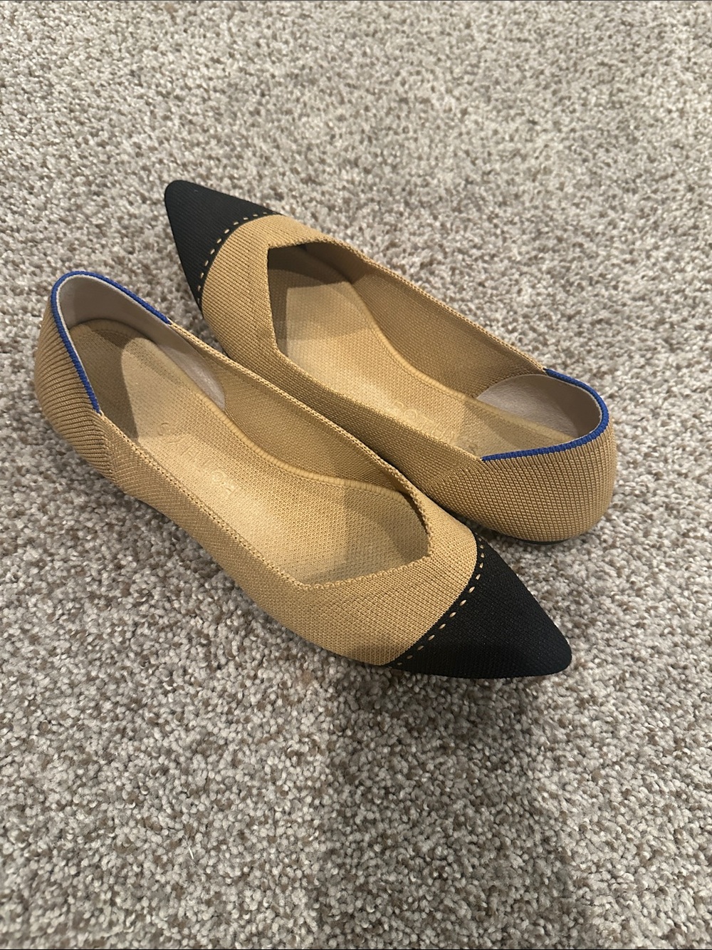Rothy's Tan Flats with Black Pointed Toe and Blue Trim